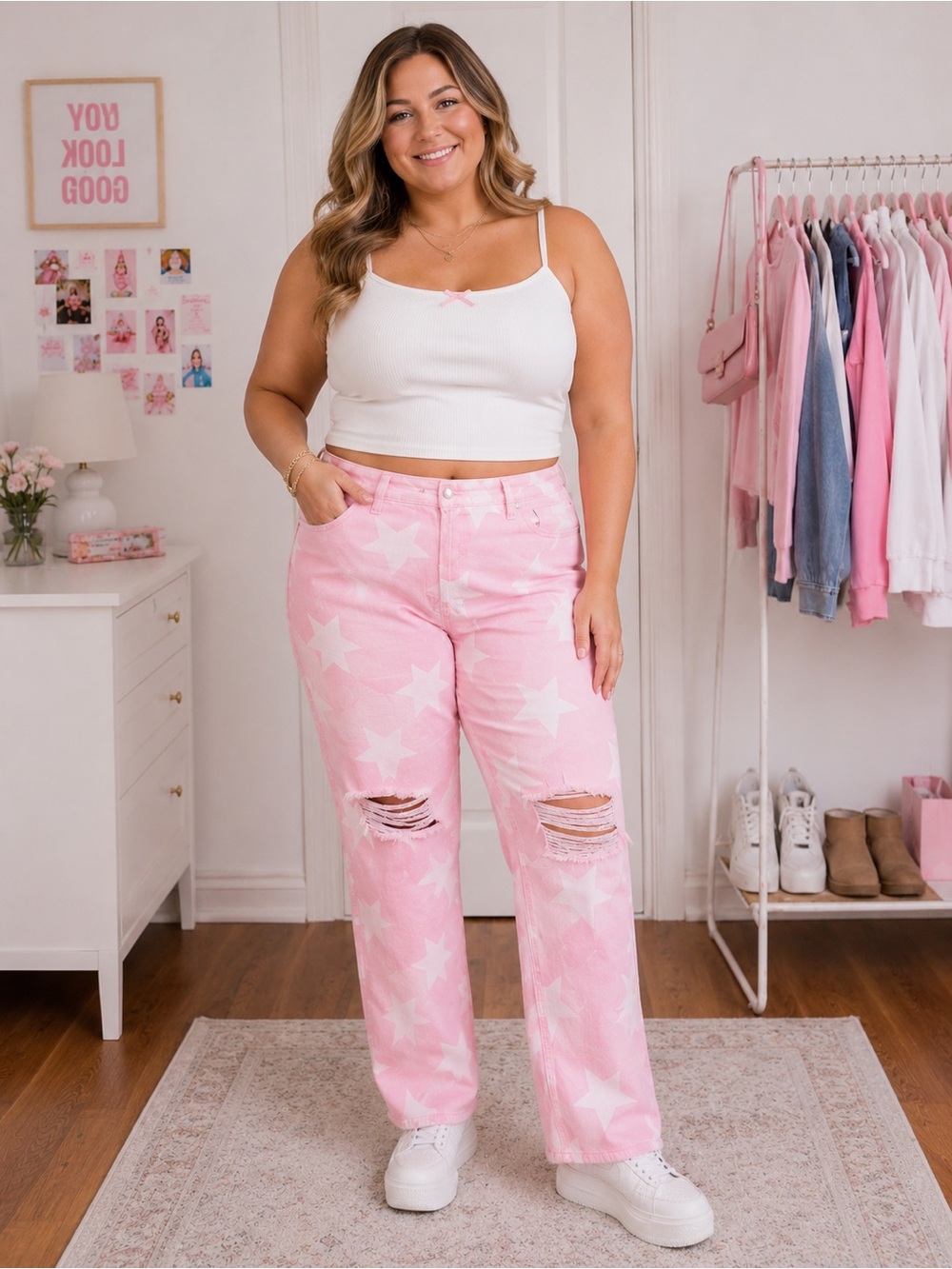 Risen Star Print Distressed Jeans Size 15 NWT Pink